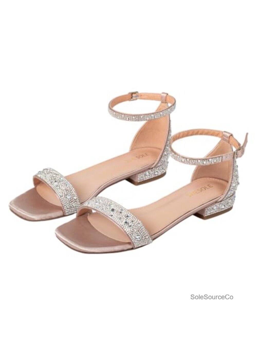 Wide Width Rhinestone Sandals Square Toe Low Heel Dressy Bridal Party Gladiator
